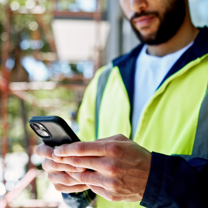 Man in high-vi vest looking at his phone Man in high-vi vest looking at his phone