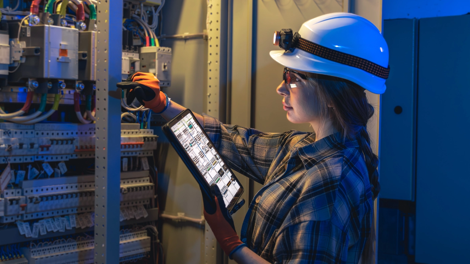 Technician inspecting electrical control panel using tablet inside industrial facility. Technician inspecting electrical control panel using tablet inside industrial facility.