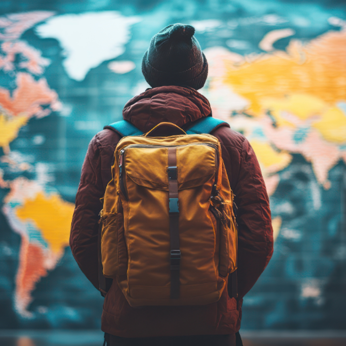 Person standing in front of map ready to travel Person standing in front of map ready to travel