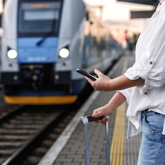 Person on their phone waiting for a train holding a suitcase Person on their phone waiting for a train holding a suitcase