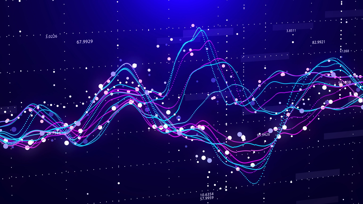 Abstract neon data waves with floating dots on blue background Abstract neon data waves with floating dots on blue background