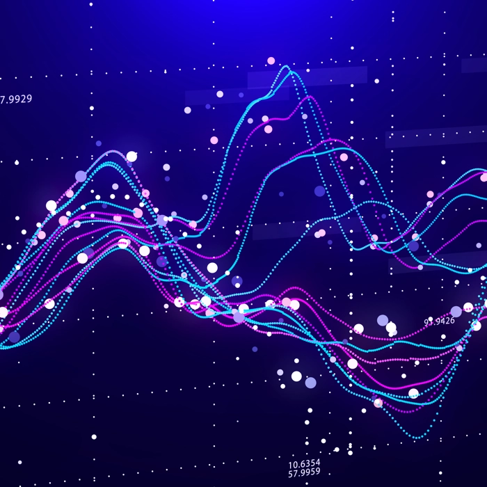 Abstract neon data waves with floating dots on blue background Abstract neon data waves with floating dots on blue background