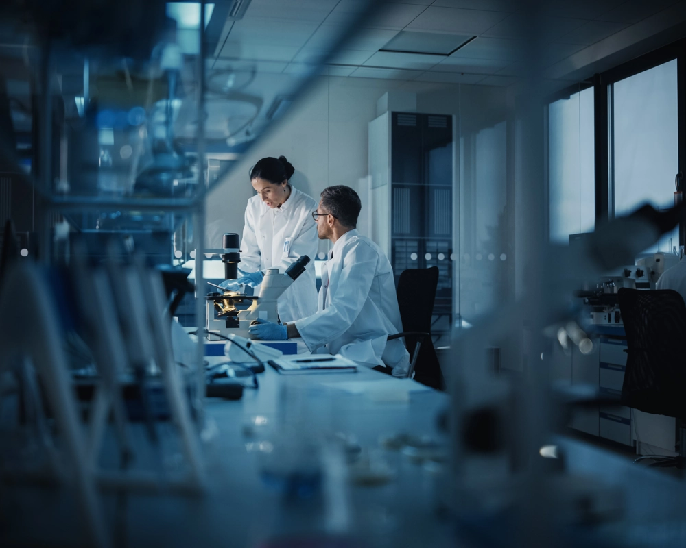 two people in lab looking at medical results two people in lab looking at medical results