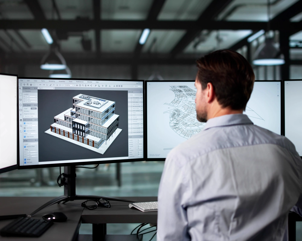 ConTech worked in front of computer screens in office ConTech worked in front of computer screens in office