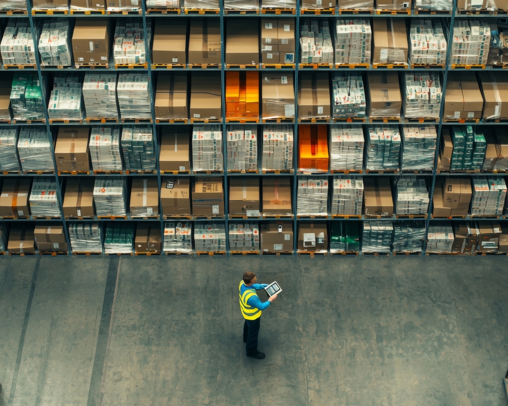 Person stood in front of shelves in warehouse doing inspection Person stood in front of shelves in warehouse doing inspection