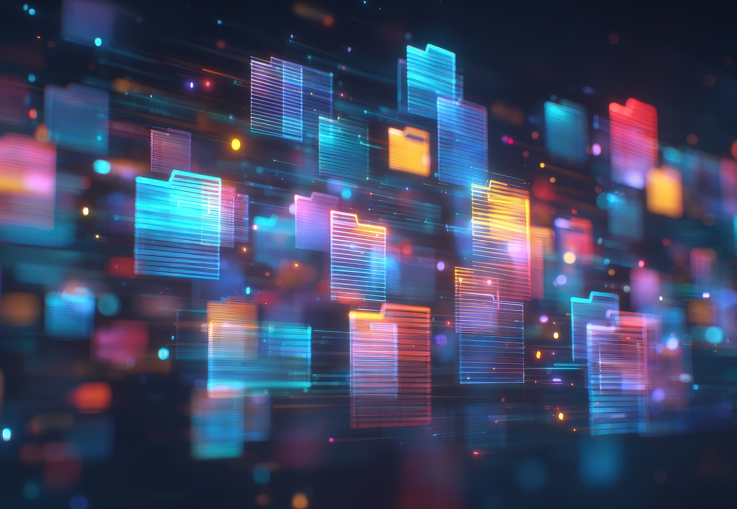 Glowing digital folders floating through colorful futuristic data network. Glowing digital folders floating through colorful futuristic data network.